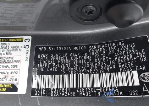 2007 Toyota Corolla Le from USA, damaged, VIN 2T1BR32E17C720917